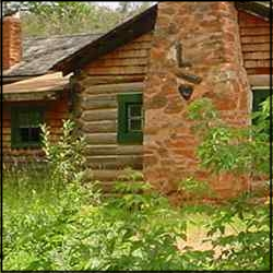 The backside of a wooden cabin, showing its brick chimney. In the foreground are leafy shrubs.