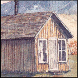 A painting of a rustic wooden cabin in the snow.