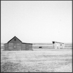 A wooden cabin and outhouse stand in the middle of a vast and empty field.